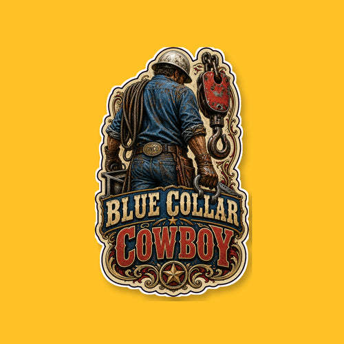 BLUE COLLAR COWBOY 3-inch white-backed vinyl sticker on GNCO yellow