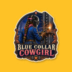 BLUE COLLAR COWGIRL 3-inch transparent vinyl sticker on GNCO yellow