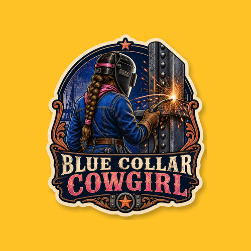 BLUE COLLAR COWGIRL 3-inch transparent vinyl sticker on GNCO yellow