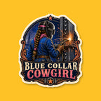 BLUE COLLAR COWGIRL 3-inch white-backed vinyl sticker on GNCO yellow