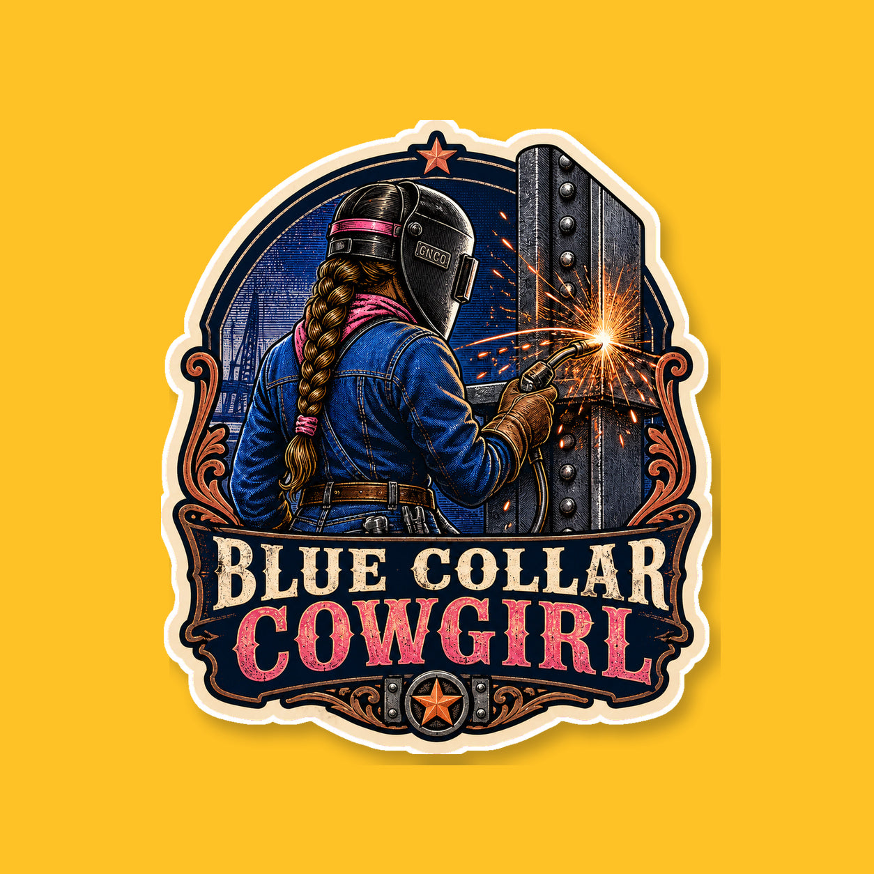 BLUE COLLAR COWGIRL 3-inch white-backed vinyl sticker on GNCO yellow
