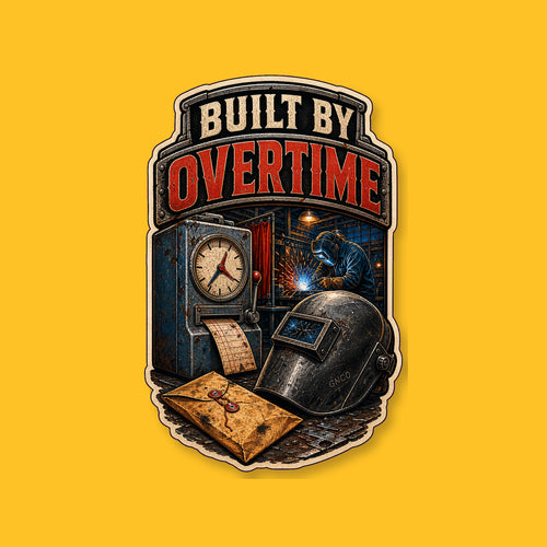 BUILT BY OVERTIME 3-inch transparent vinyl sticker on GNCO yellow