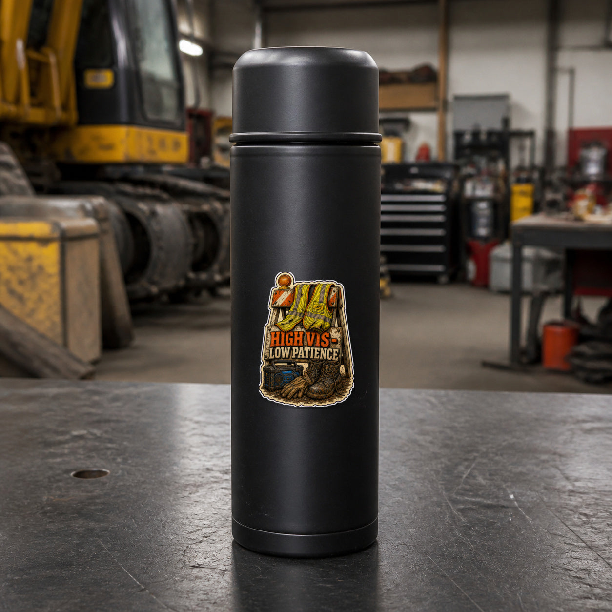 HIGH VIS · LOW PATIENCE 3-inch vinyl sticker on a black industrial thermos