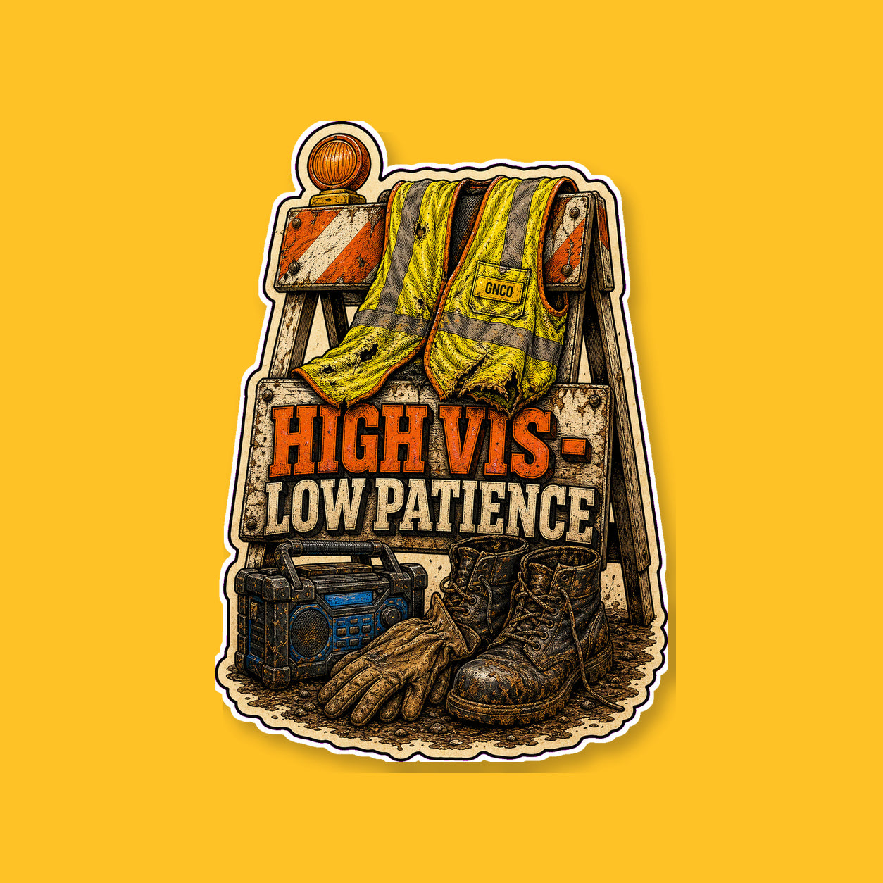 HIGH VIS · LOW PATIENCE 3-inch white-backed vinyl sticker on GNCO yellow