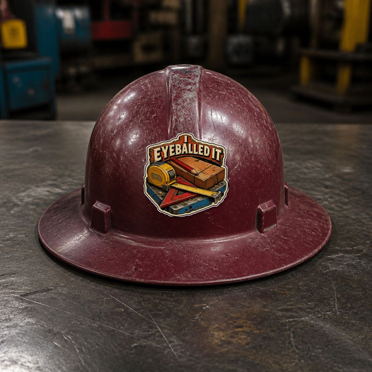 I EYEBALLED IT 3-inch vinyl sticker on a worn maroon full-brim hard hat