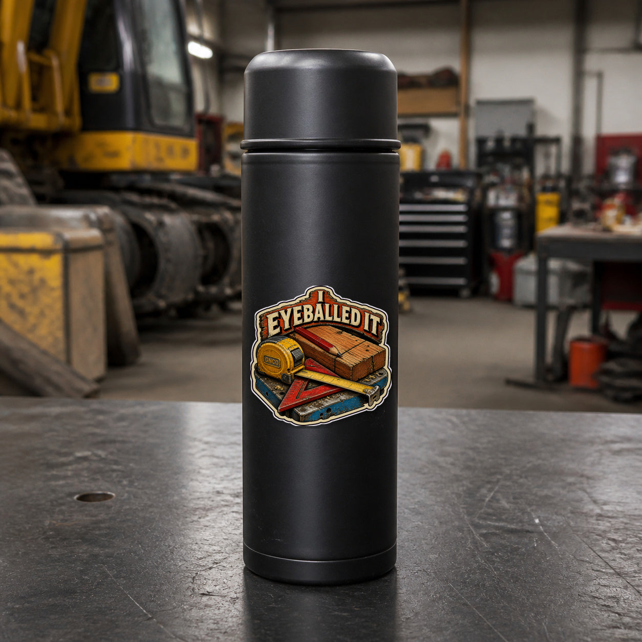 I EYEBALLED IT 3-inch vinyl sticker on a black industrial thermos