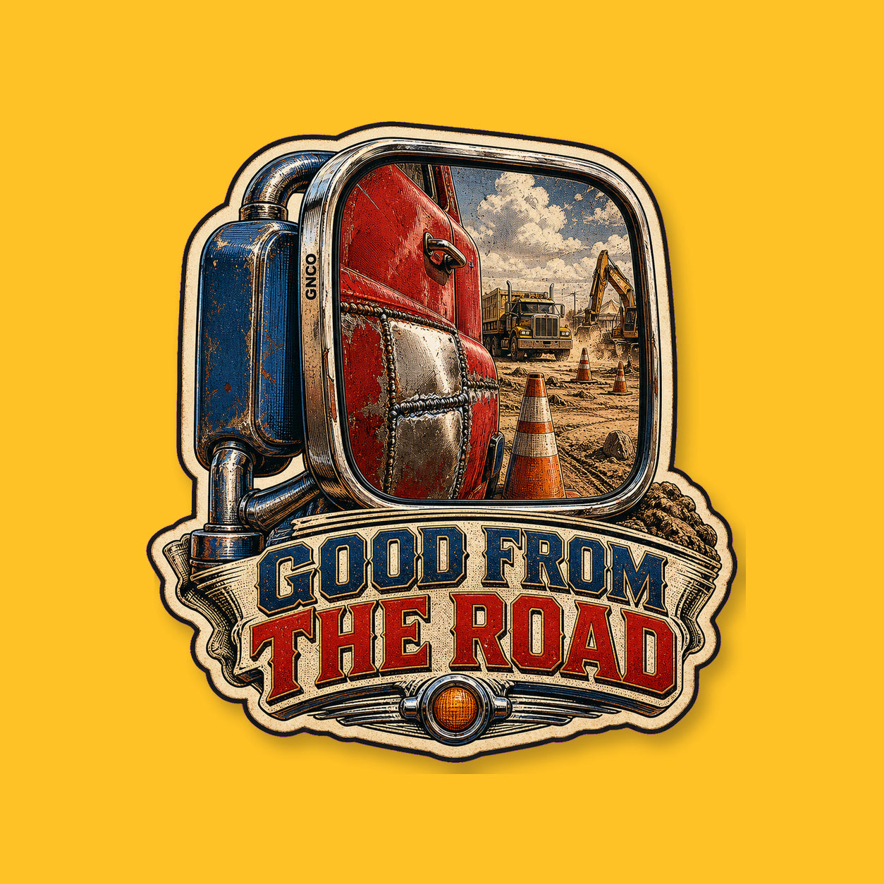 GOOD FROM THE ROAD 3-inch transparent vinyl sticker on GNCO yellow
