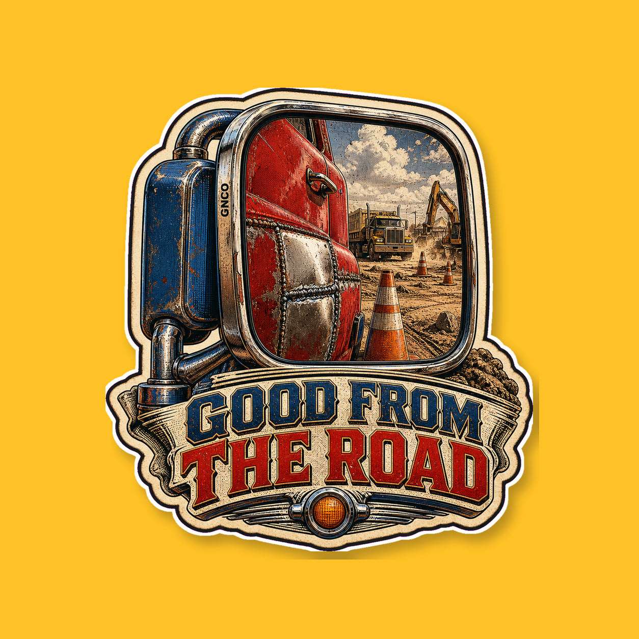 GOOD FROM THE ROAD 3-inch white-backed vinyl sticker on GNCO yellow