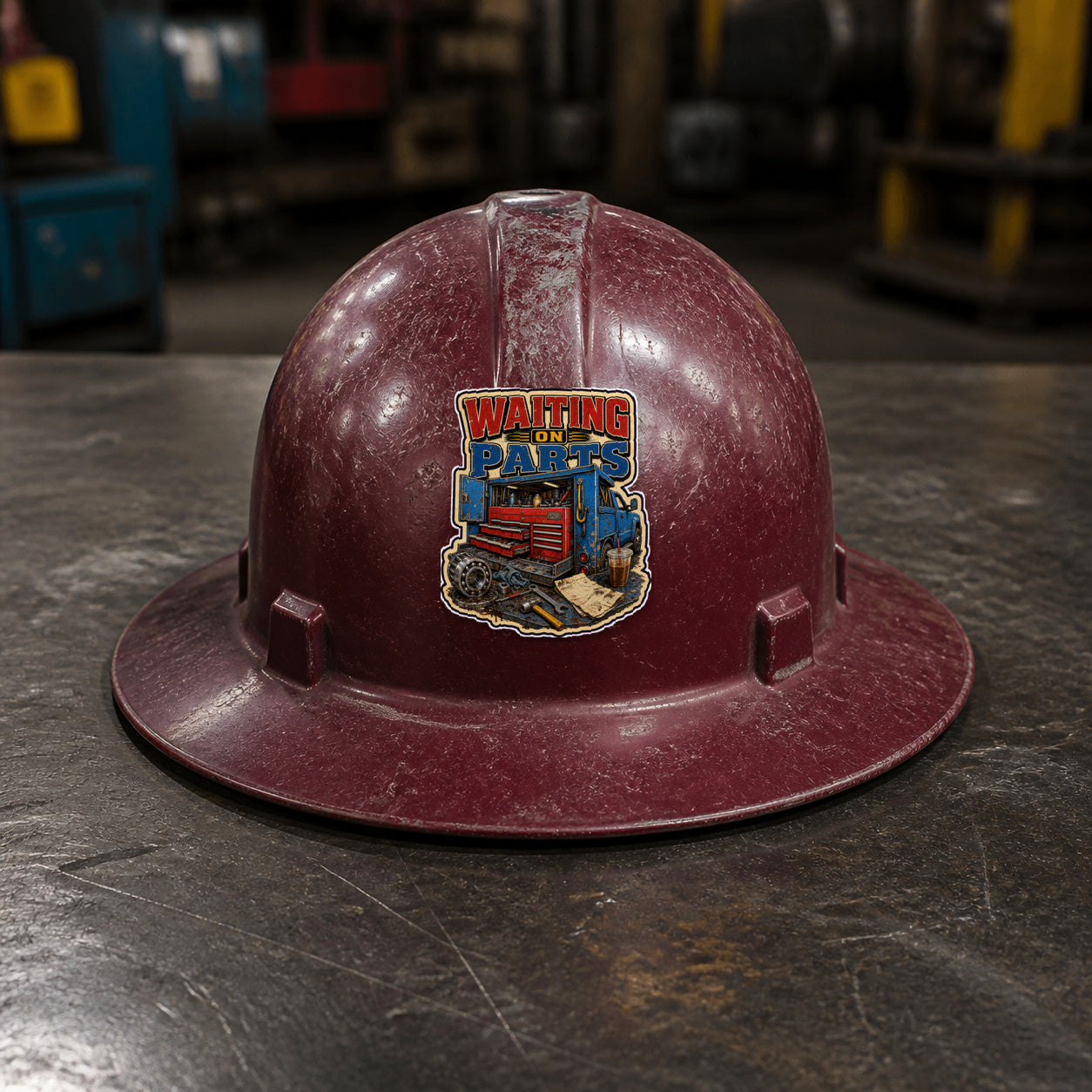 WAITING ON PARTS 3-inch vinyl sticker on a worn maroon full-brim hard hat