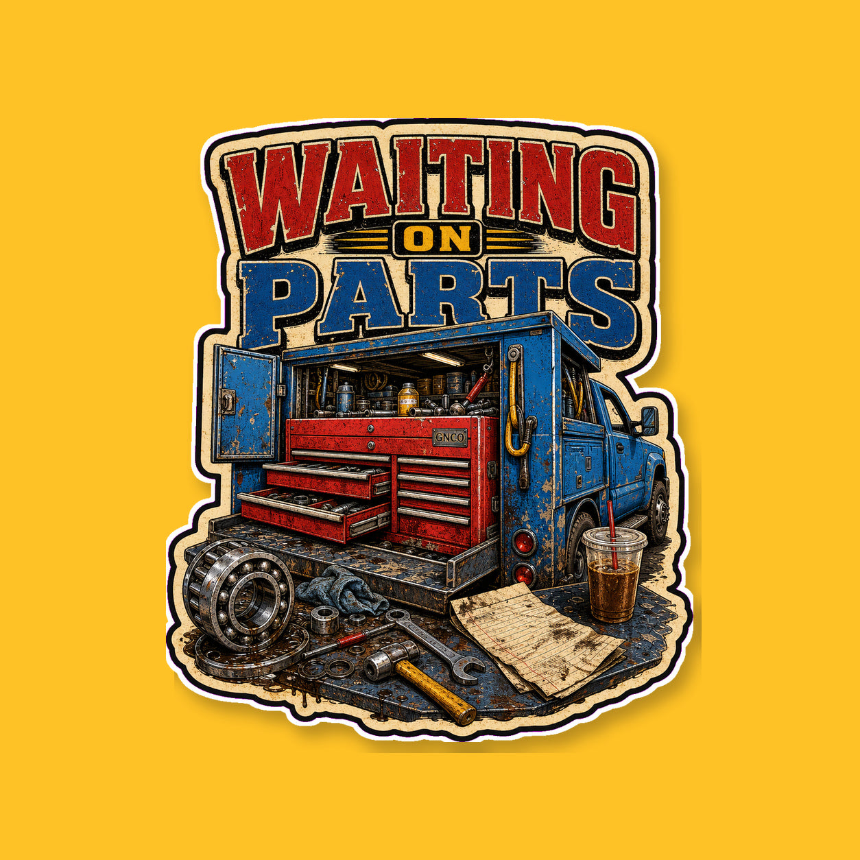 WAITING ON PARTS 3-inch white-backed vinyl sticker on GNCO yellow