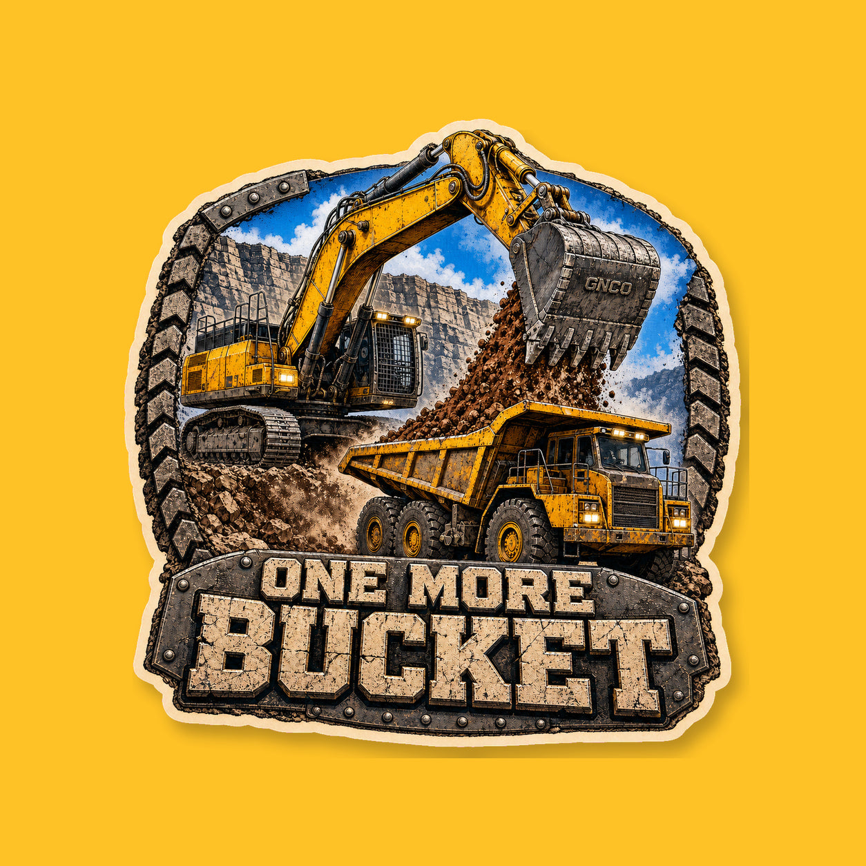 ONE MORE BUCKET 3-inch transparent vinyl sticker on GNCO yellow