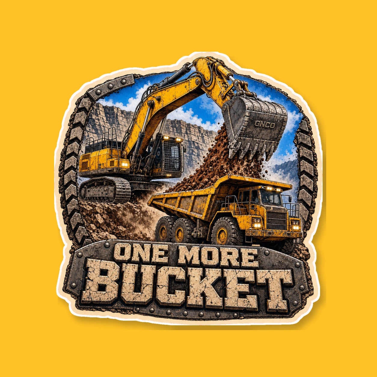 ONE MORE BUCKET 3-inch white-backed vinyl sticker on GNCO yellow