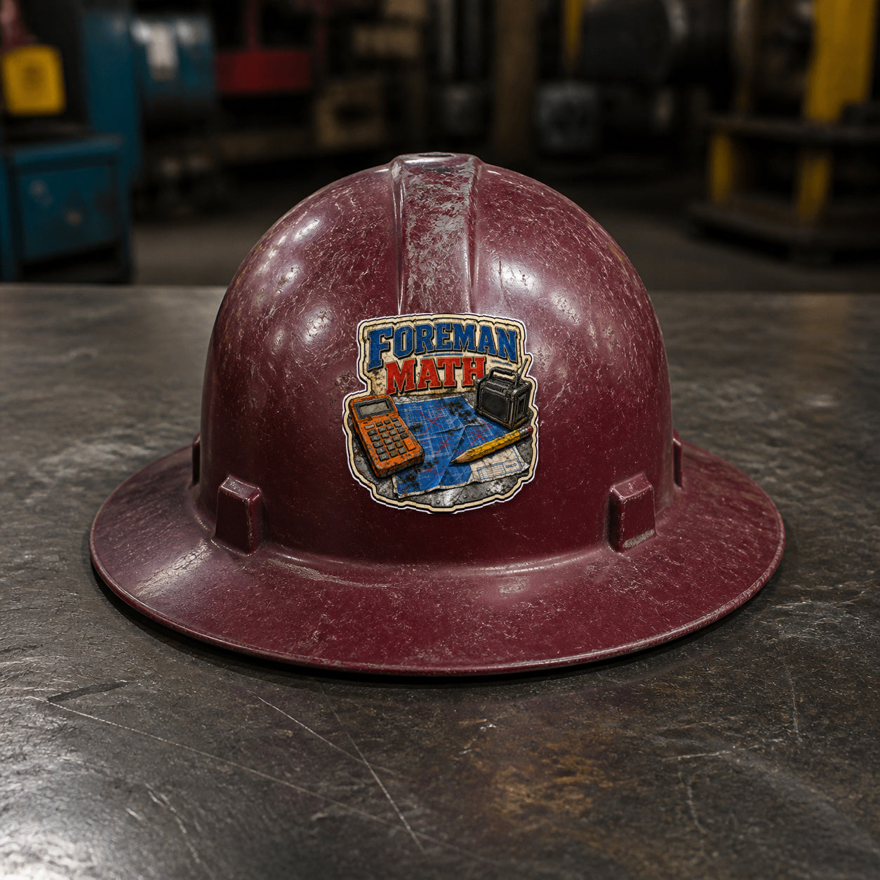 FOREMAN MATH 3-inch vinyl sticker on a worn maroon full-brim hard hat