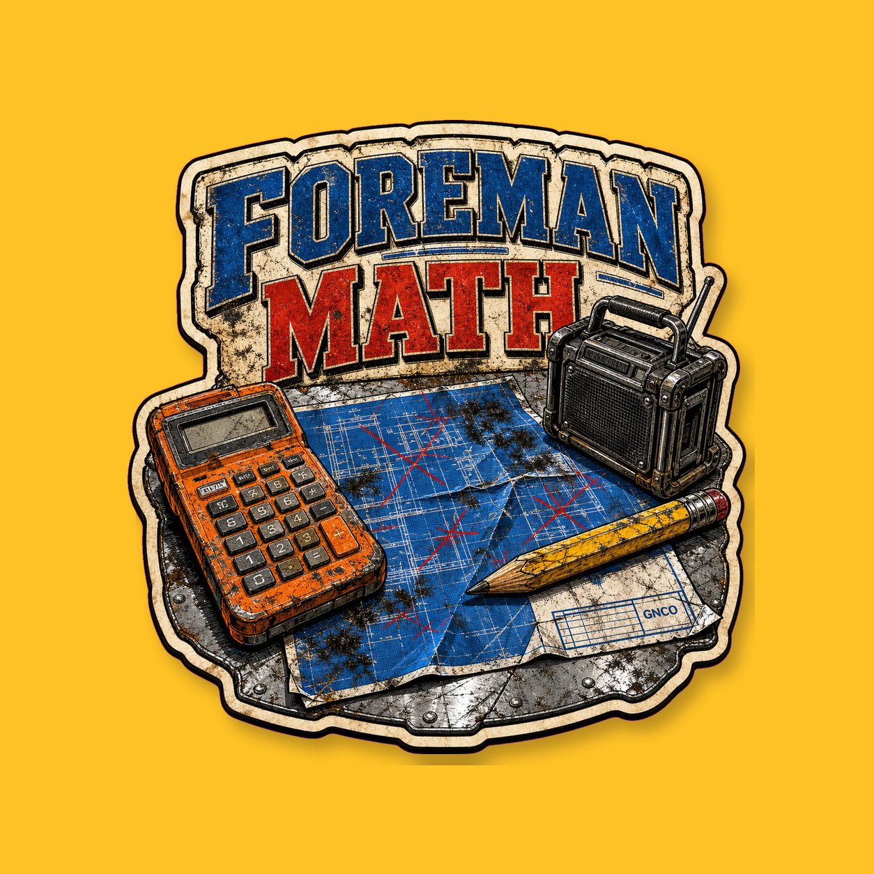FOREMAN MATH 3-inch transparent vinyl sticker on GNCO yellow