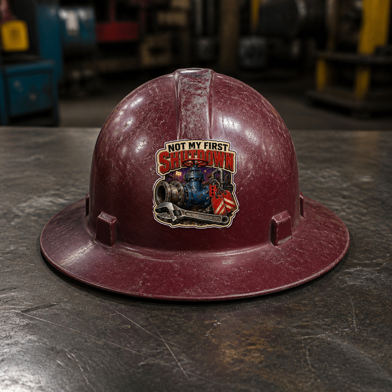 NOT MY FIRST SHUTDOWN 3-inch vinyl sticker on a worn maroon full-brim hard hat