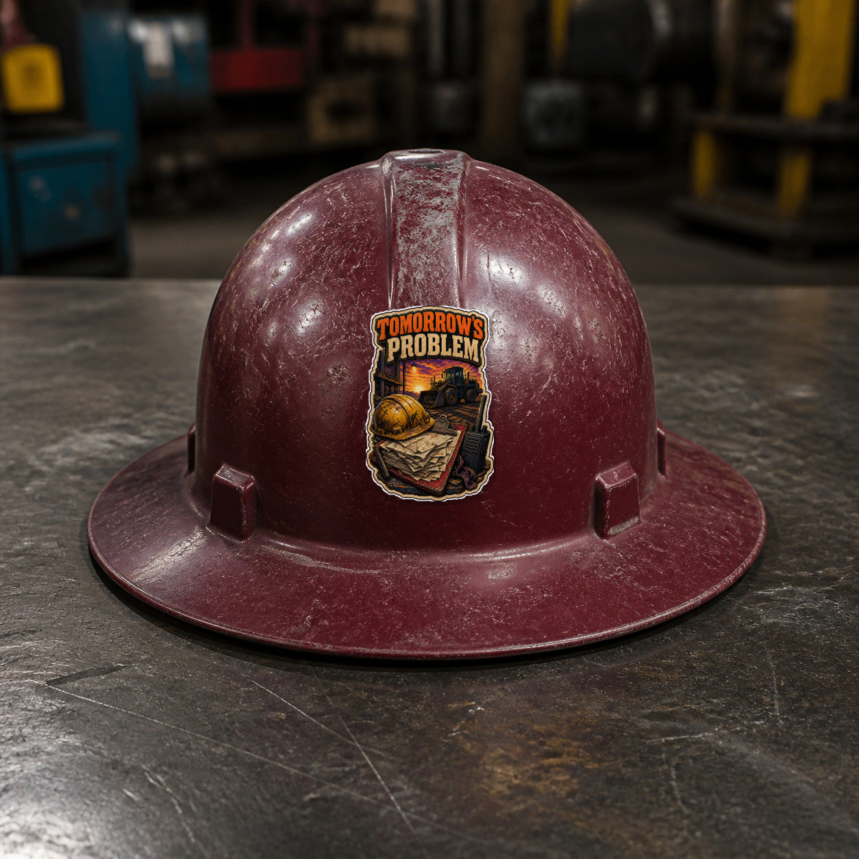 TOMORROW'S PROBLEM 3-inch vinyl sticker on a worn maroon full-brim hard hat