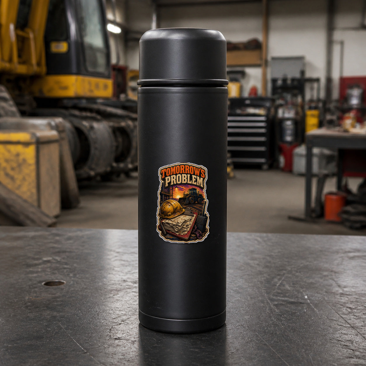 TOMORROW'S PROBLEM 3-inch vinyl sticker on a black industrial thermos