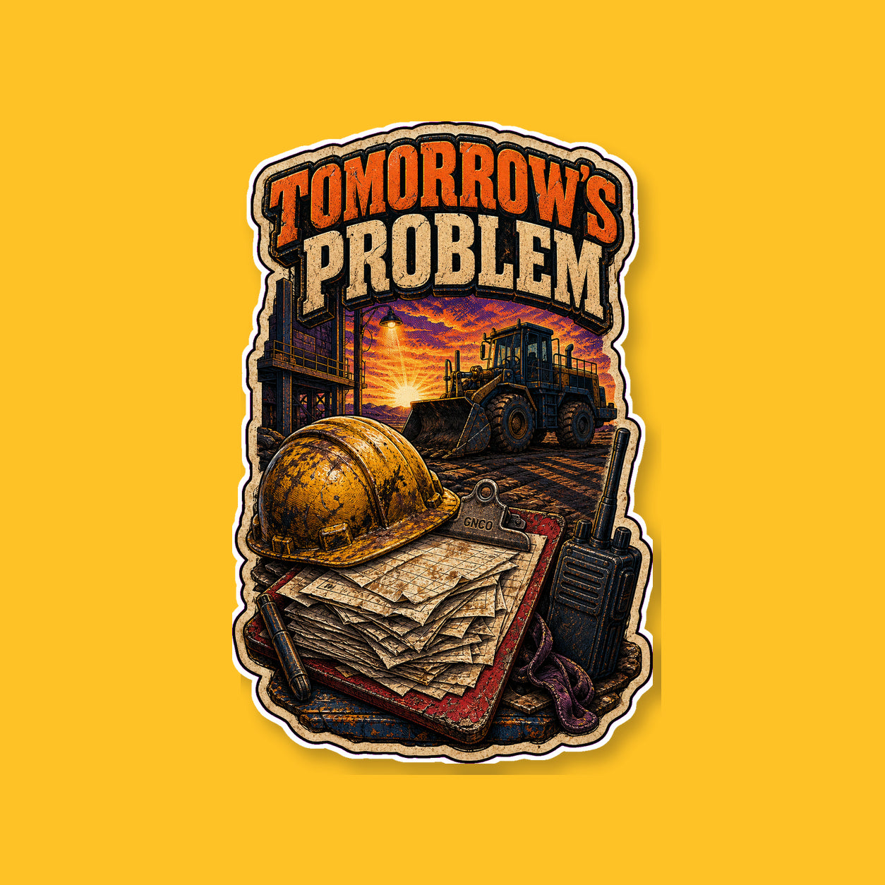 TOMORROW'S PROBLEM 3-inch white-backed vinyl sticker on GNCO yellow