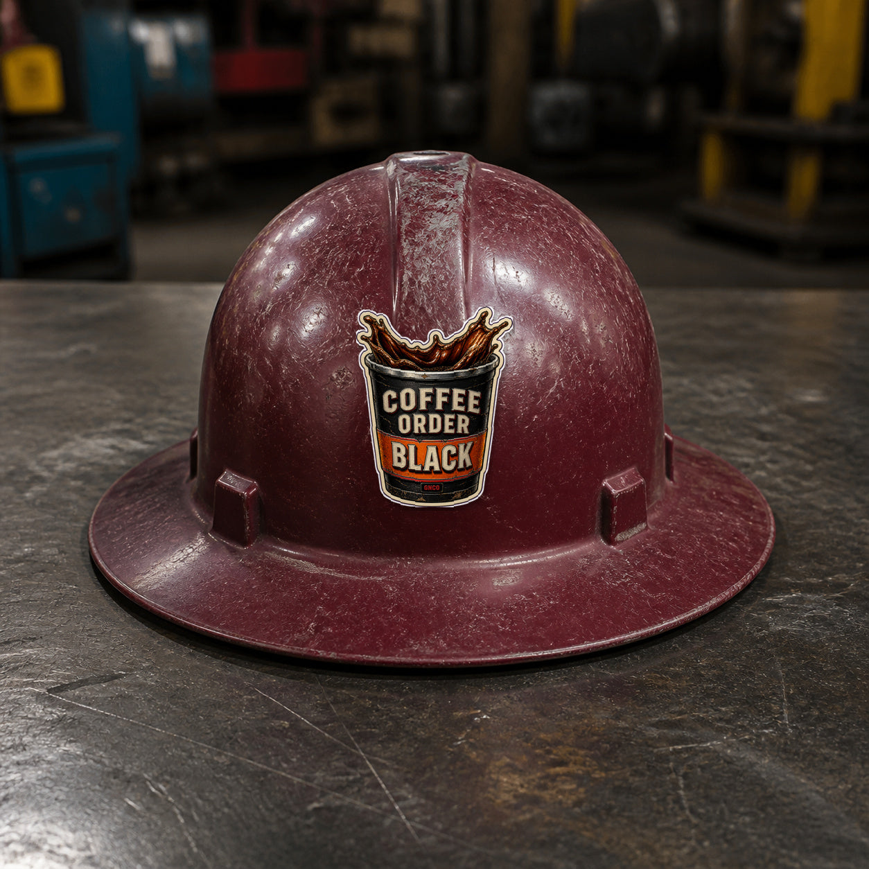 COFFEE ORDER — BLACK 3-inch vinyl sticker on a worn maroon full-brim hard hat