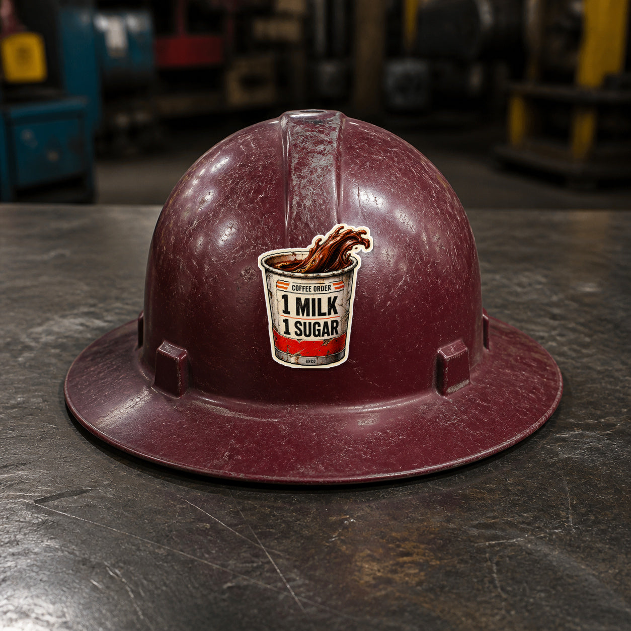 COFFEE ORDER — 1 MILK, 1 SUGAR 3-inch vinyl sticker on a worn maroon full-brim hard hat