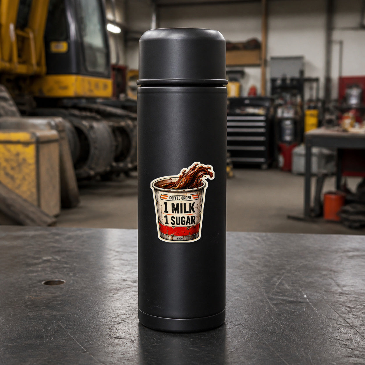 COFFEE ORDER — 1 MILK, 1 SUGAR 3-inch vinyl sticker on a black industrial thermos