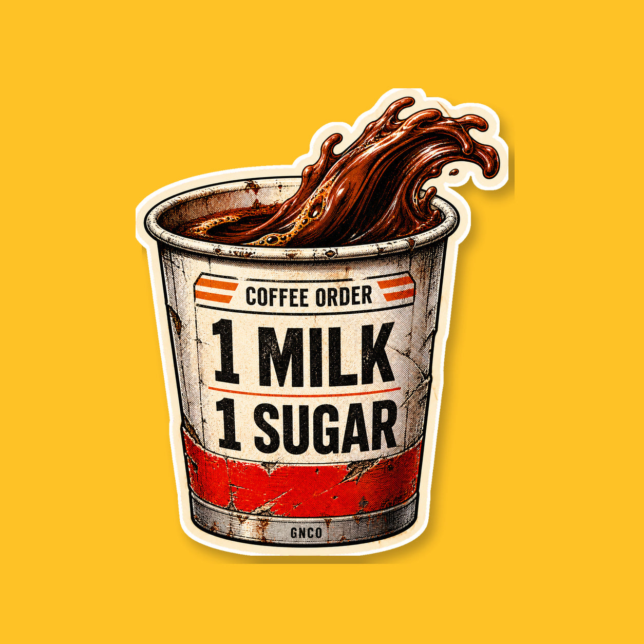 COFFEE ORDER — 1 MILK, 1 SUGAR 3-inch white-backed vinyl sticker on GNCO yellow
