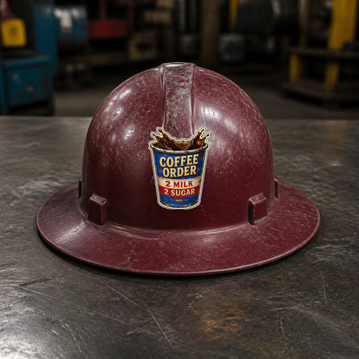 COFFEE ORDER — 2 MILK, 2 SUGAR 3-inch vinyl sticker on a worn maroon full-brim hard hat