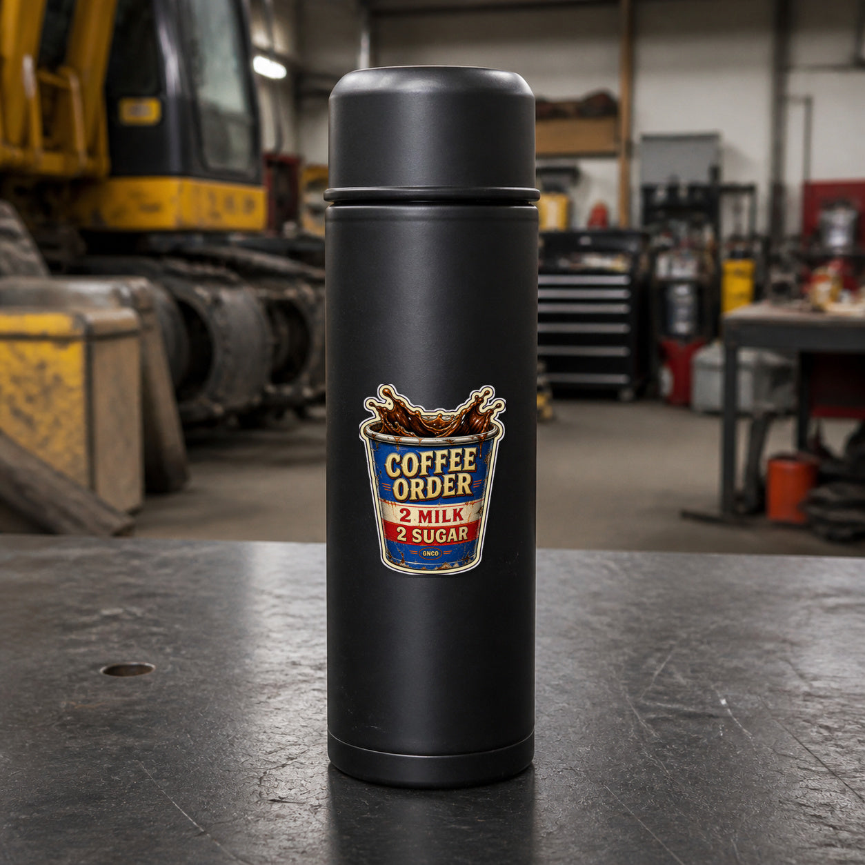 COFFEE ORDER — 2 MILK, 2 SUGAR 3-inch vinyl sticker on a black industrial thermos