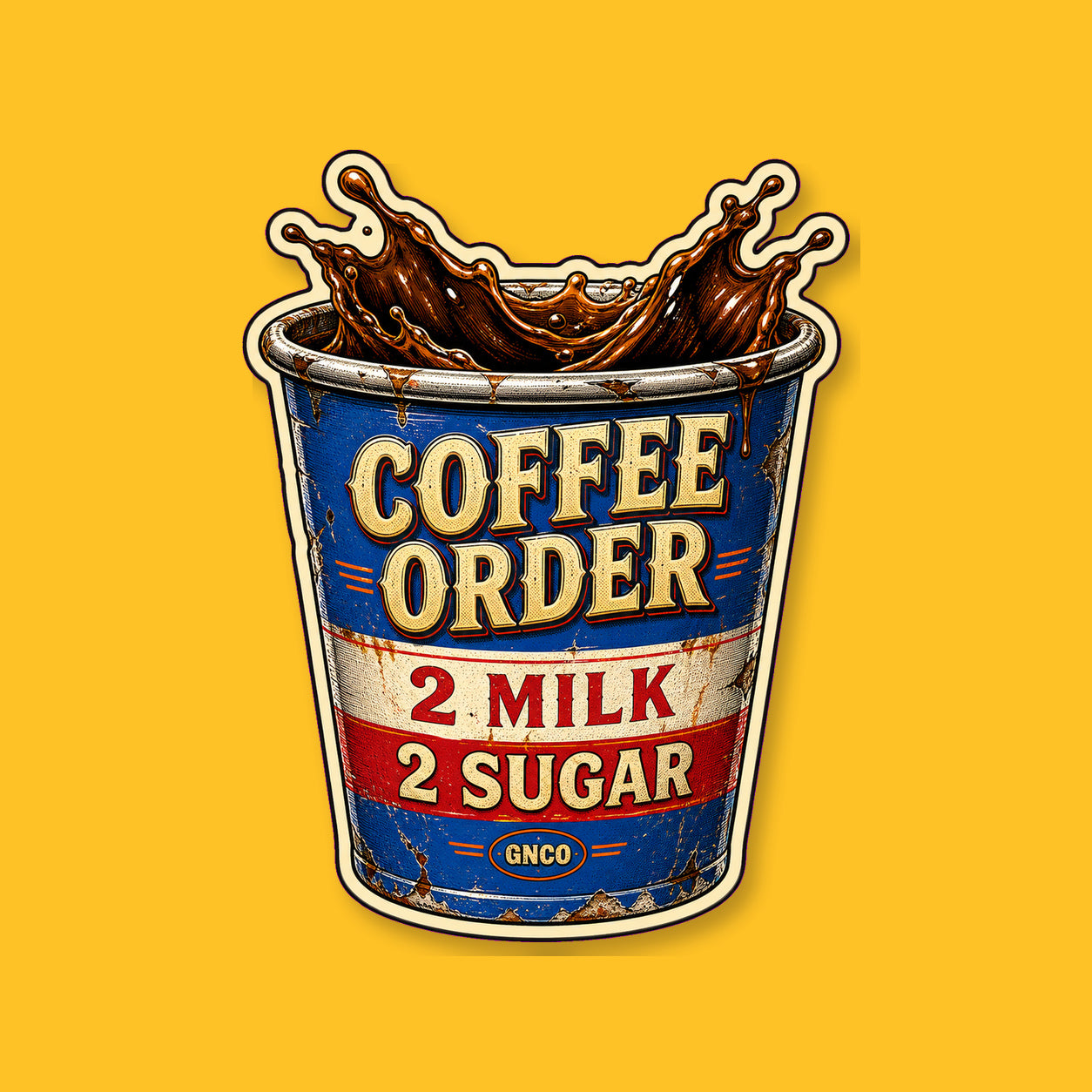 COFFEE ORDER — 2 MILK, 2 SUGAR 3-inch transparent vinyl sticker on GNCO yellow