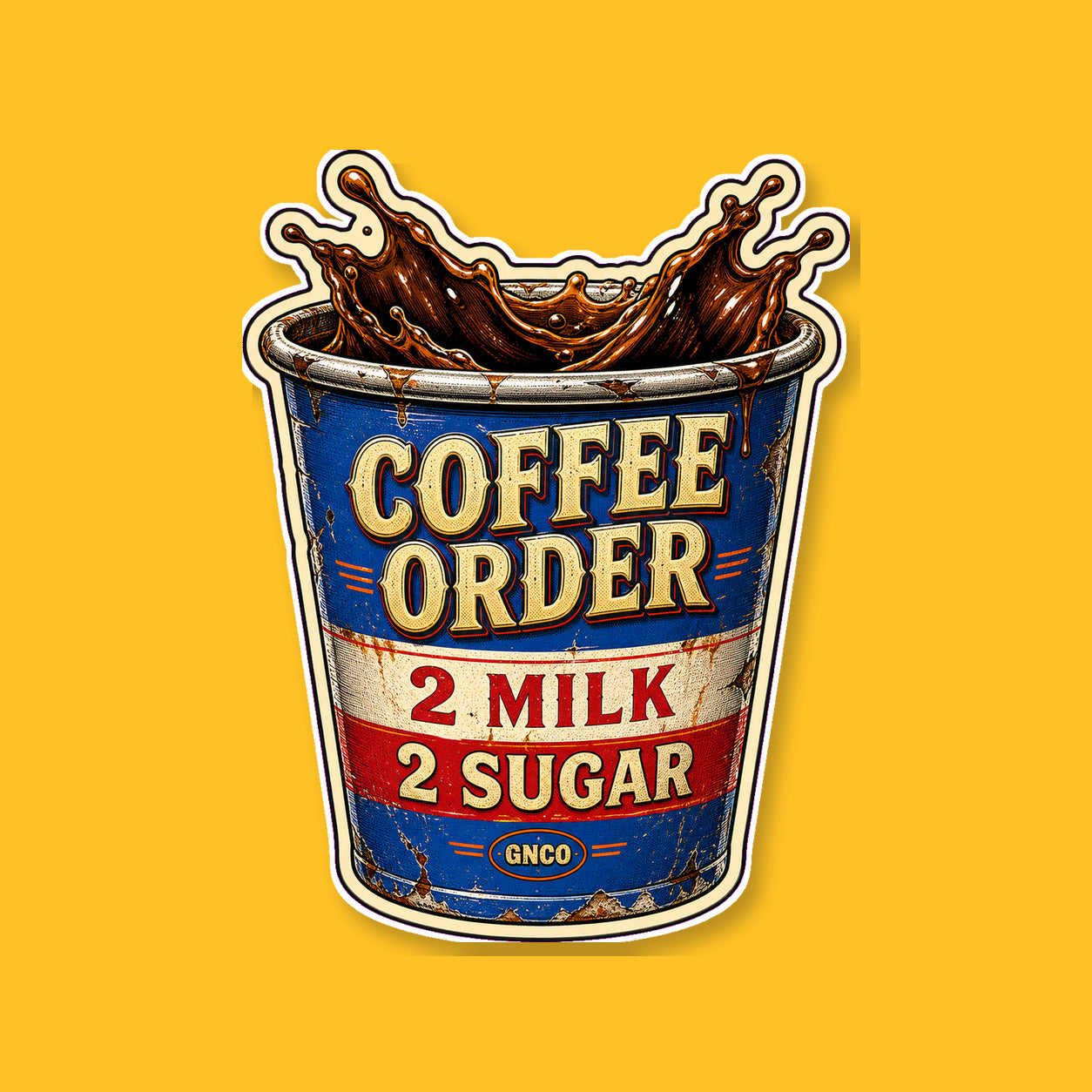 COFFEE ORDER — 2 MILK, 2 SUGAR 3-inch white-backed vinyl sticker on GNCO yellow