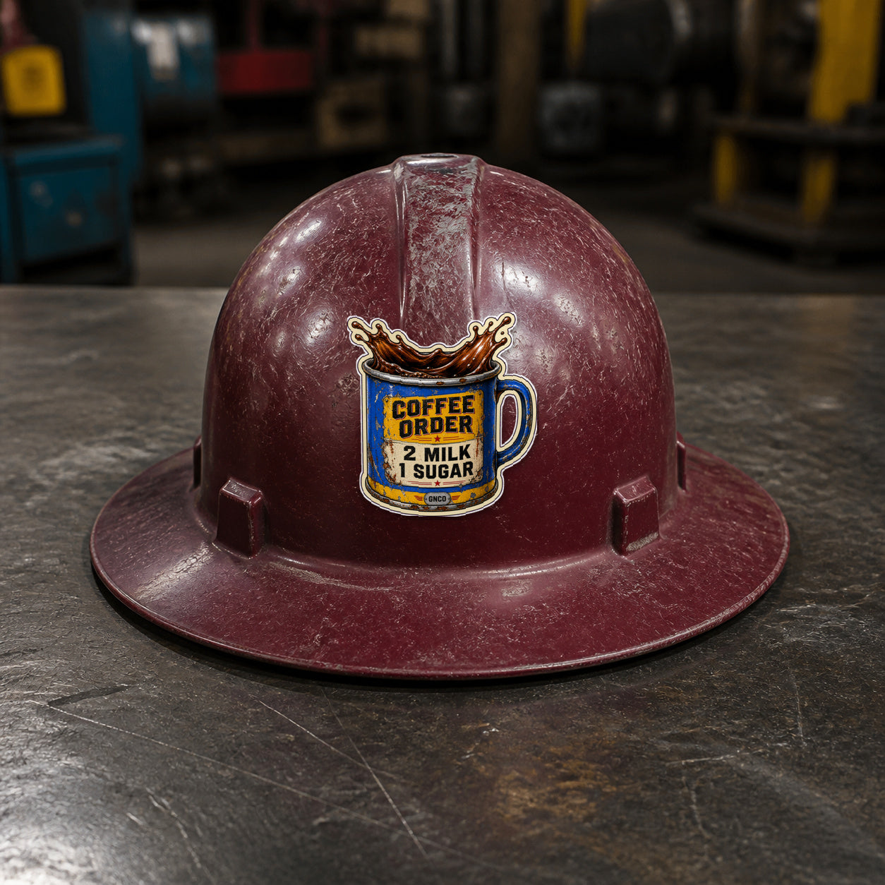 COFFEE ORDER — 2 MILK, 1 SUGAR 3-inch vinyl sticker on a worn maroon full-brim hard hat