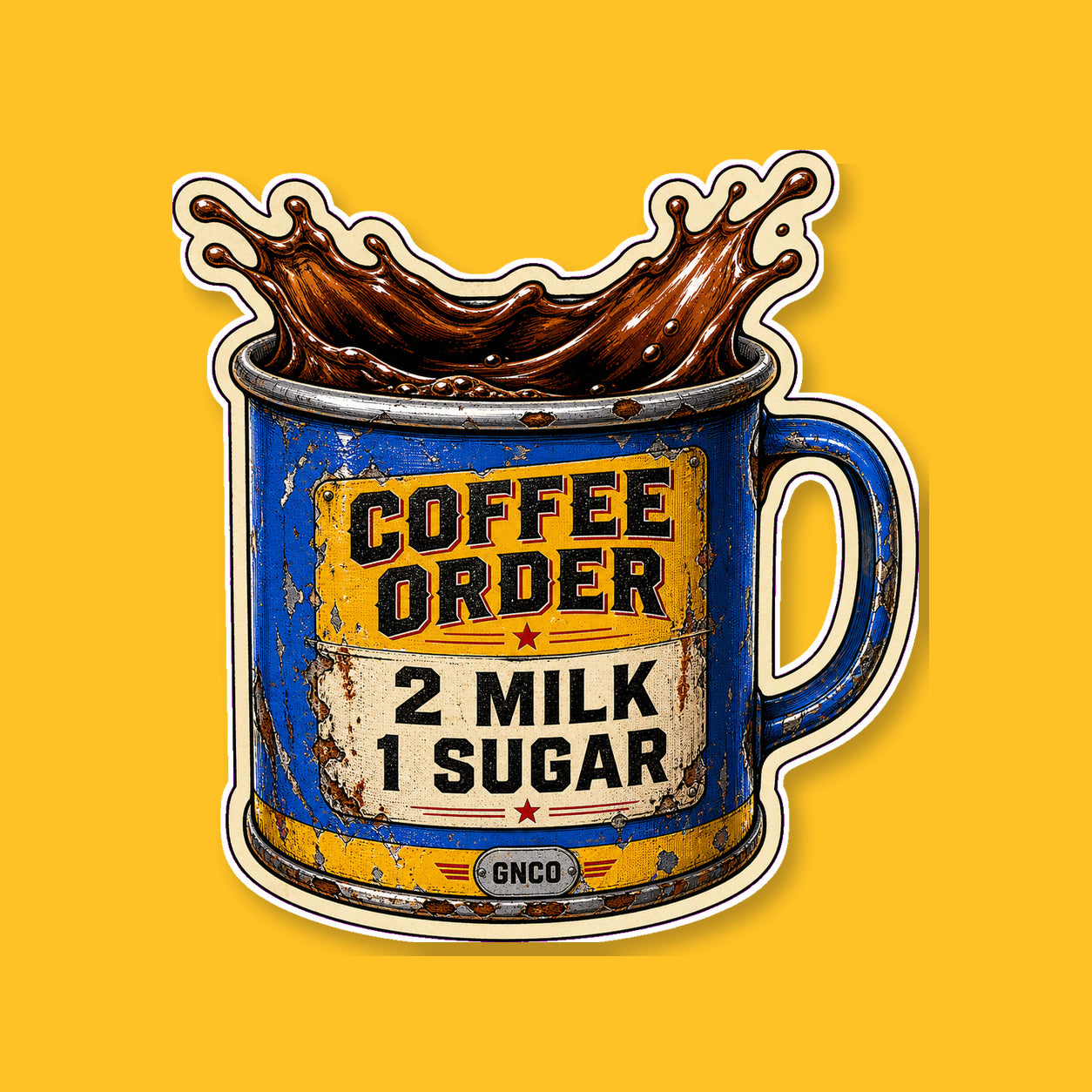 COFFEE ORDER — 2 MILK, 1 SUGAR 3-inch white-backed vinyl sticker on GNCO yellow